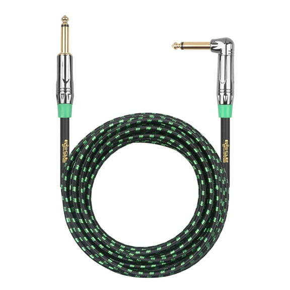 Clef Audio Labs 6.35mm TS to 6.35mm TS Straight to Angled, Black Chrome Zinc Alloy Shell/Green Braided - 20FT - 1PK