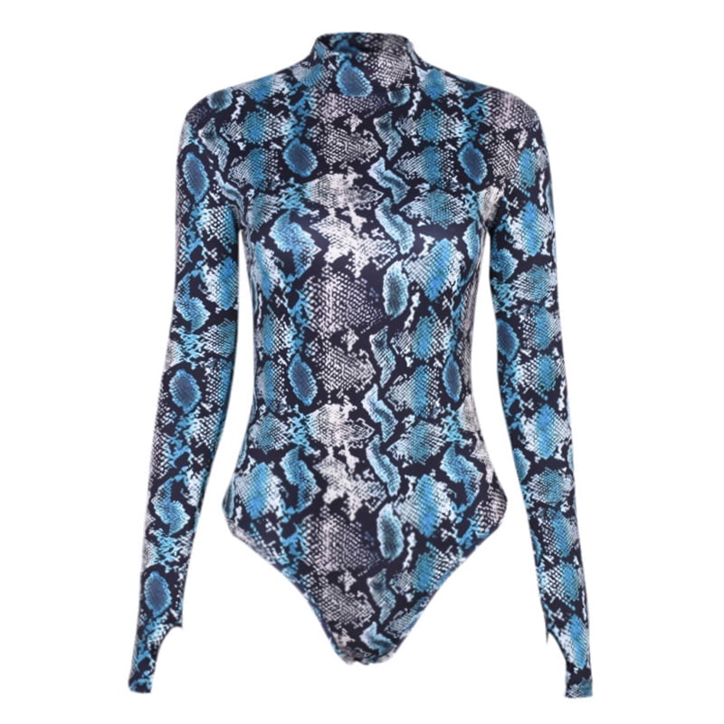 Anself Women Snake Skin Print Bodysuit Jumpsuit Turtleneck Long Sleeves Press Stud Bodycon