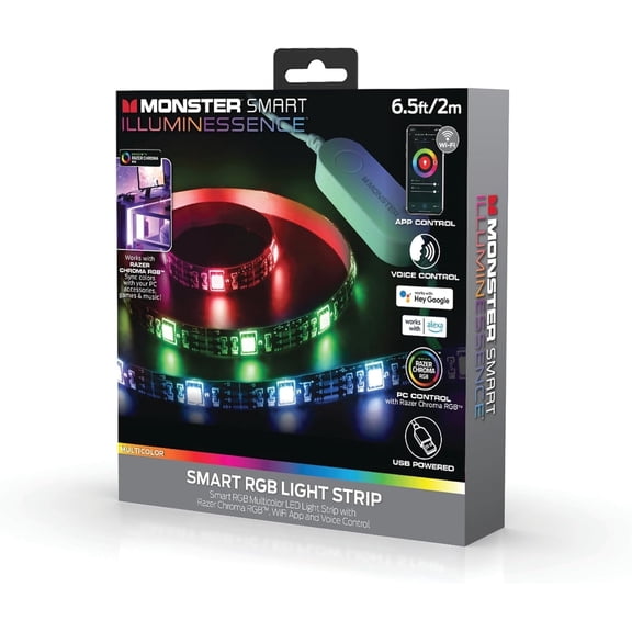Monster Smart Illuminessence 6.5ft Indoor LED Strip Lights, Multicolor LED Lights for Bedroom, App Control