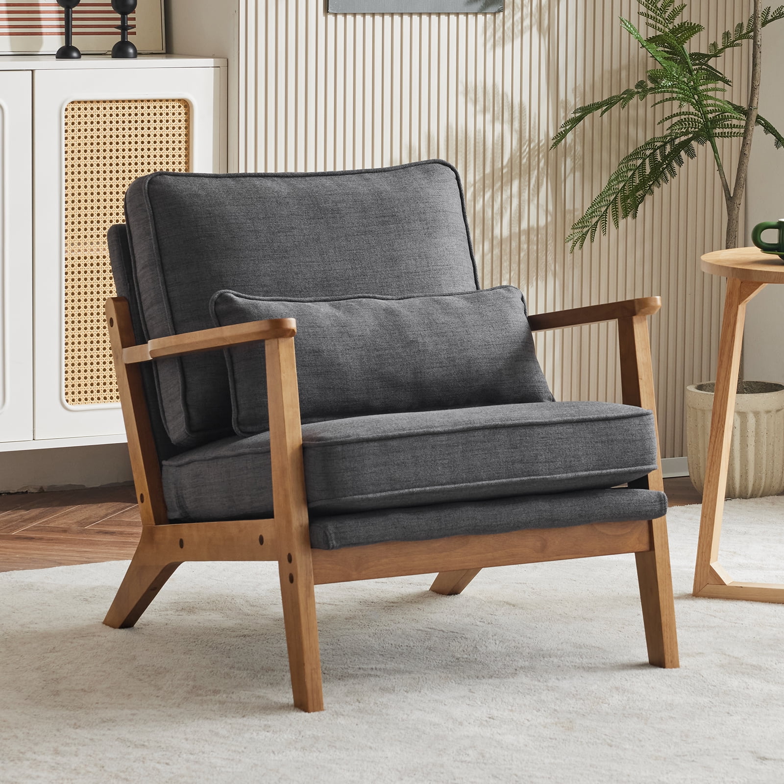 Ktaxon Accent Chair Line Fabric Upholstered Armchair, Reading Club Chair with Pillow for Living Room Bedroom Furniture Gray