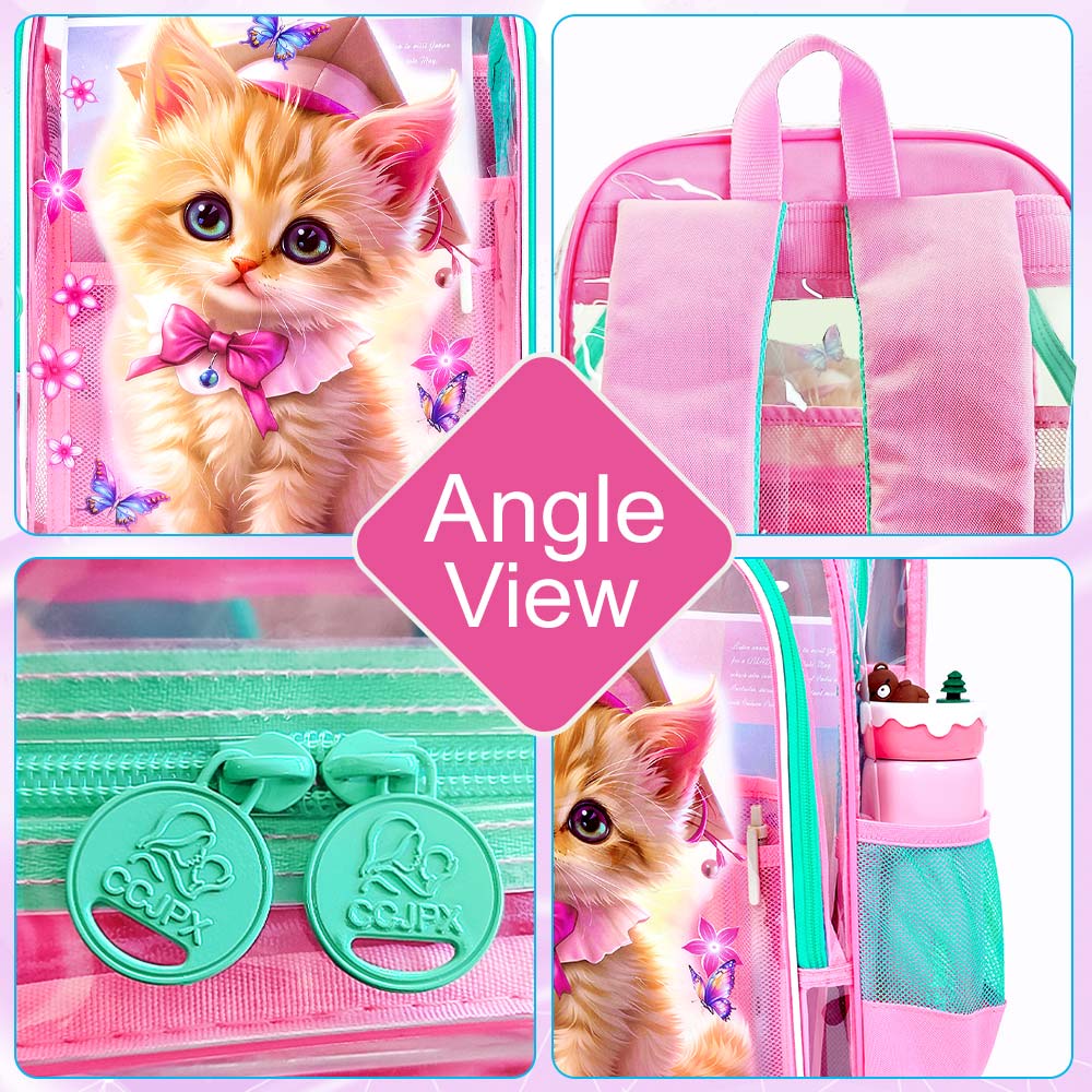 Mochila Transparente para Niña, Set de 3 Bookbags Claros, Bolso Escolar Transparente para Primaria y Preescolar - Doctor Gato Rosa 6