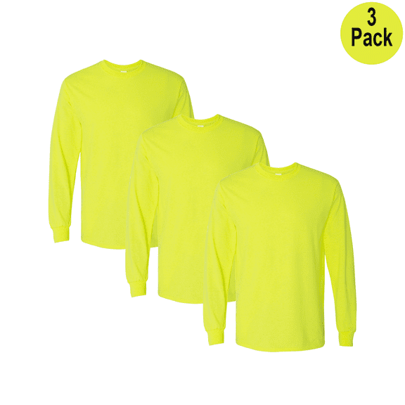 Gildan Men Heavy Cotton Long Sleeve T-Shirt, Hi Vis Safety Green, Cotton and Poly Blend, S, 3 Pack