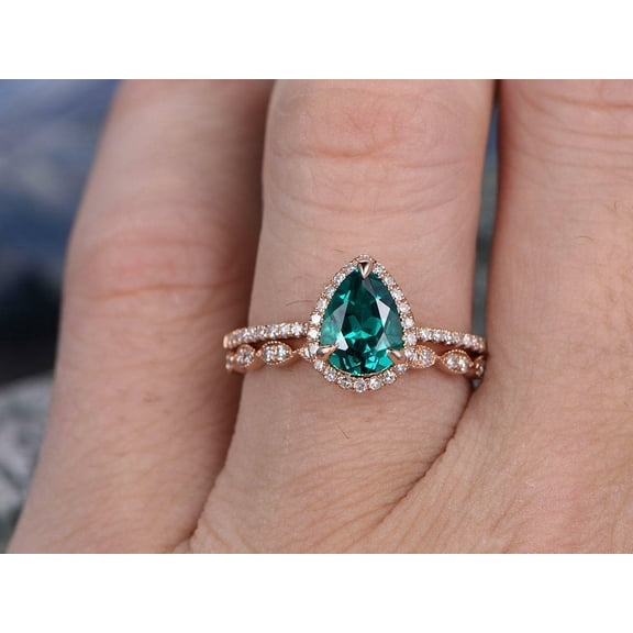 HeartsAndYou 1.8ct Natural Green Emerald Bridal Set Engagement Ring 100% 14k SOLID Rose Gold