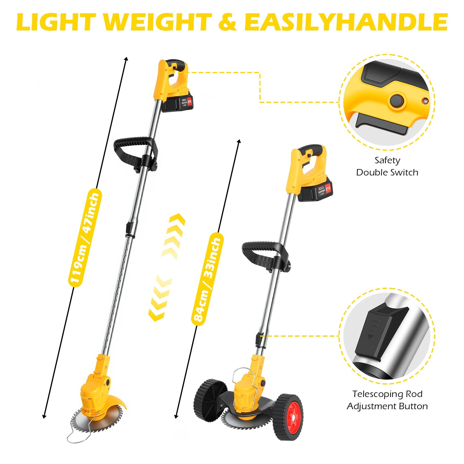 Weed Eaters, Cordless Weed Trimmer with Wheels, 2Pcs 4000mAh Batteries, Adjustable Length, 650W Grass Trimmer/Edger/Brush Cutter for Lawn Yard Garden Maintaining (Yellow)