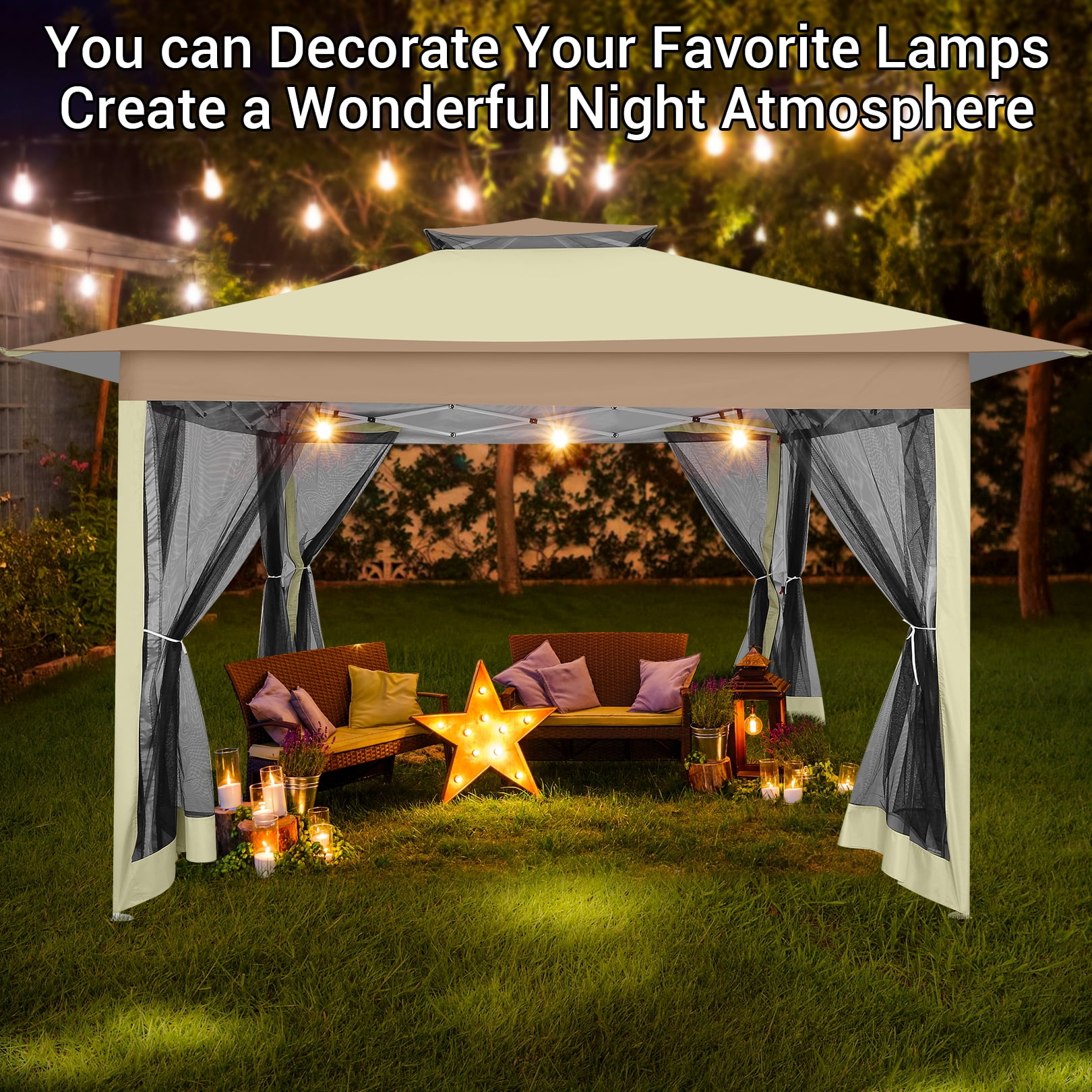 SANOPY 12x12FT Outdoor Pop up Gazebo with Mosquito Netting, Shade and Rain Instant Patio Canopy with 4 Sandbags for Garden Backyard, Light Brown