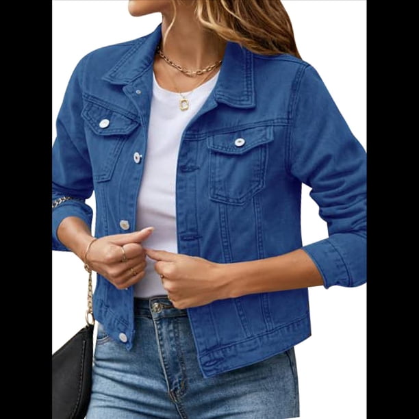 Chaquetas Vaqueras para Mujer, Básicas, de Larga, con Botones, Estilo Corto, A Azul Oscuro XL
