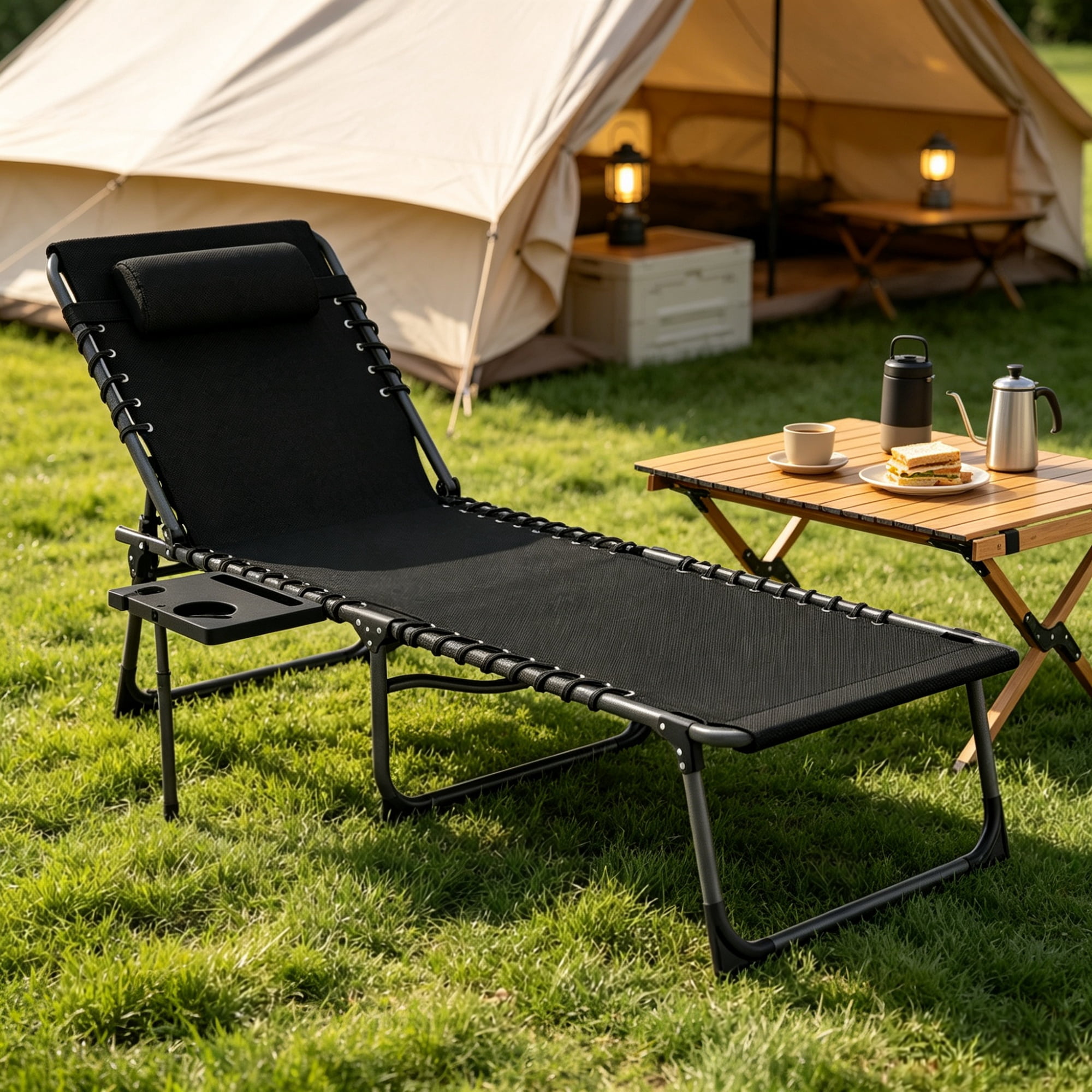 Outdoor Folding Chaise Lounge Chair, 5-Level Adjustable Tanning Chair, with Side Table, Pillow, Pocket, Black