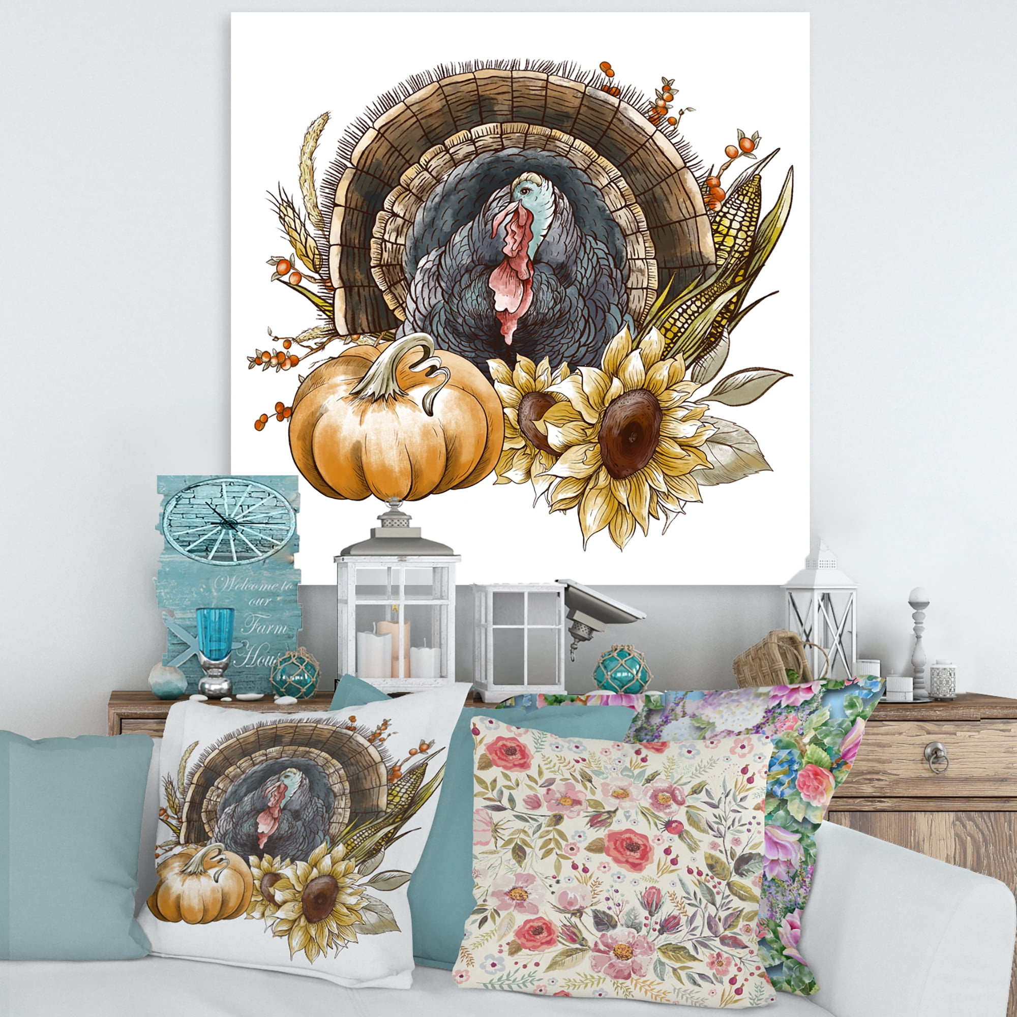 Thanksgiving Vintage Turkey Pumpkin and Sunflowers 16 in x 16 in Painting Canvas Art Print, by Designart