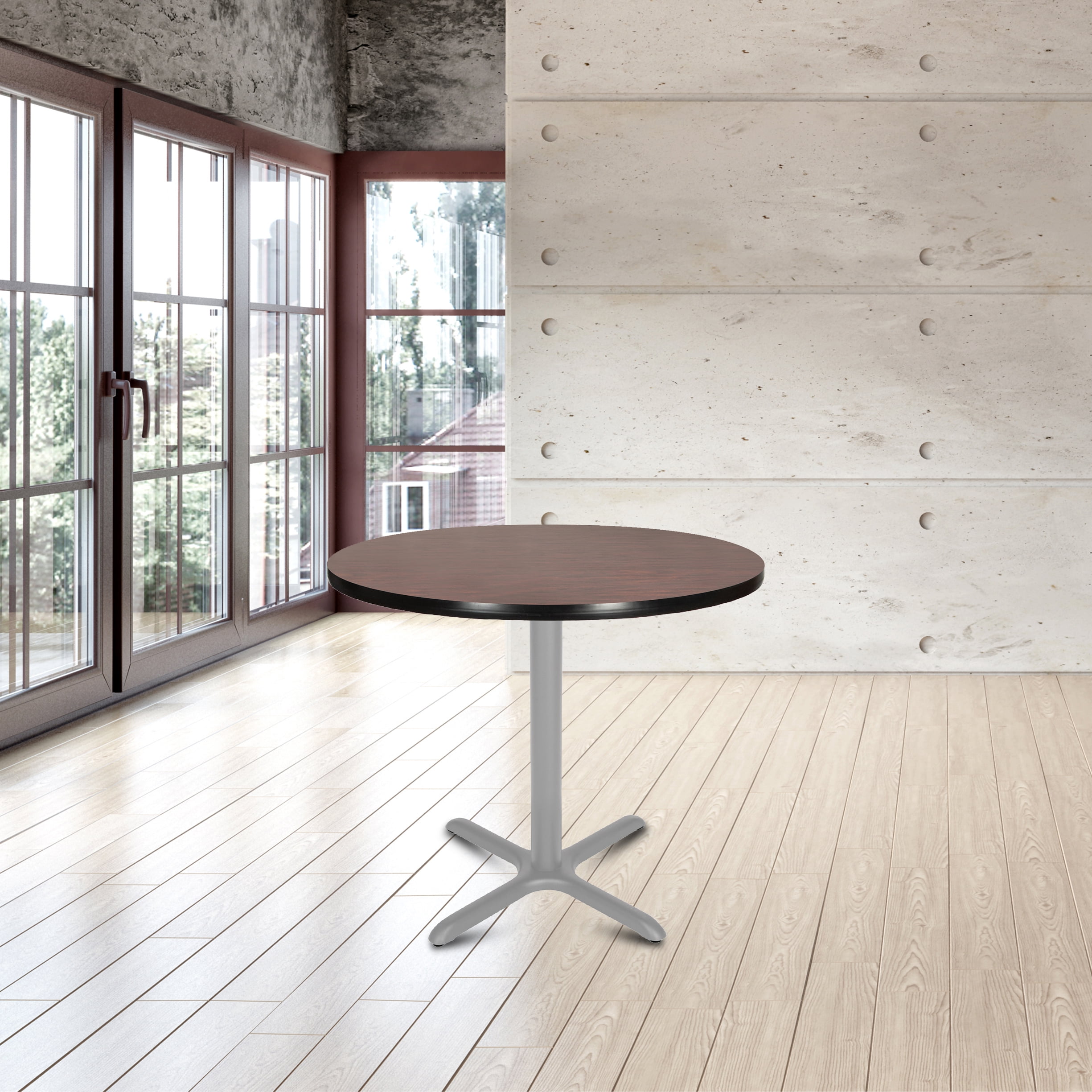 Hampden Furnishings Bennet Collection Steel Frame 36" Round Top, X Base, 30" Height, Cafe Table Grey Frame/Mahogany Top