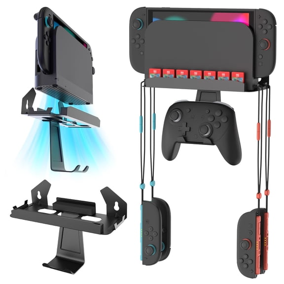 For Switch 2 Wall Mount, Metal Wall Mount for Switch 2 Console 2025(Switch 1 /OLED Compatible ) with 7 Card Slots, 4 Joy-con and PRO Controller Hanger