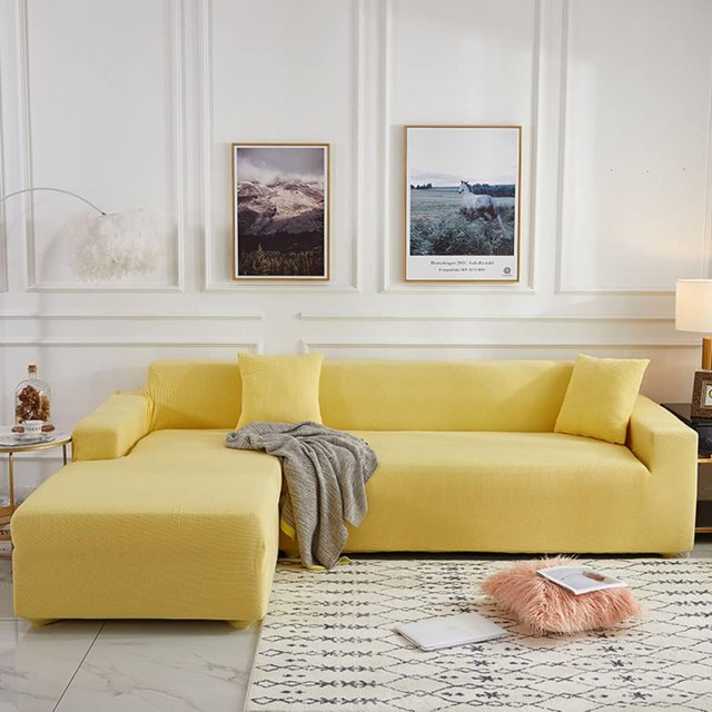 Sectional Couch Cover 2-Piece Polyester Fabric Stretch L Shape Sofa Cover Solid Color Sectional Sofa Cover Softness Sectional Couch Cover -yellow-2-3 Seater+4 Seater