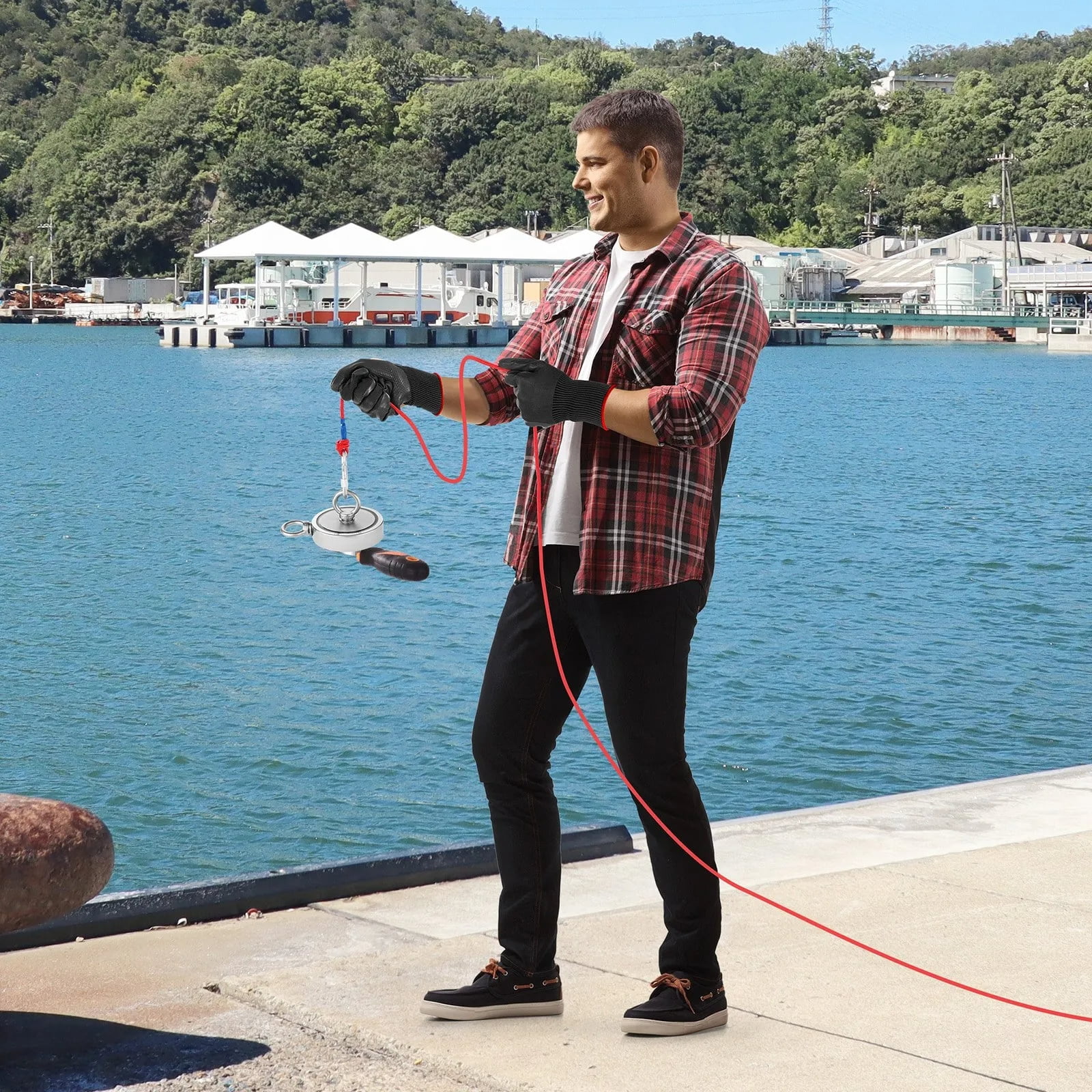 2000 LBS Magnet Fishing Kit, Double-Sided Neodymium Magnetic Fishing Set with Grappling Hook, Heavy Duty Rope & Gloves for Underwater Treasure Hunting