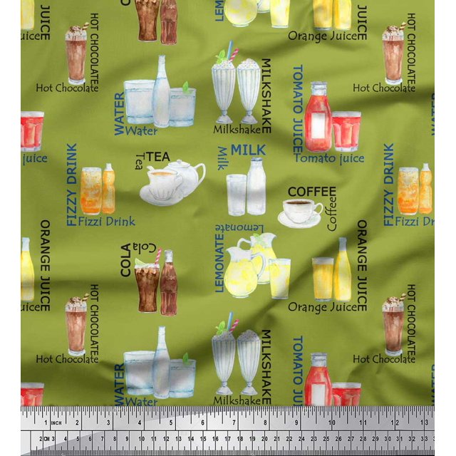 Soimoi Green Modal Satin Fabric Text & Soft Drinks Party Decor Fabric Printed Yard 42 Inch Wide