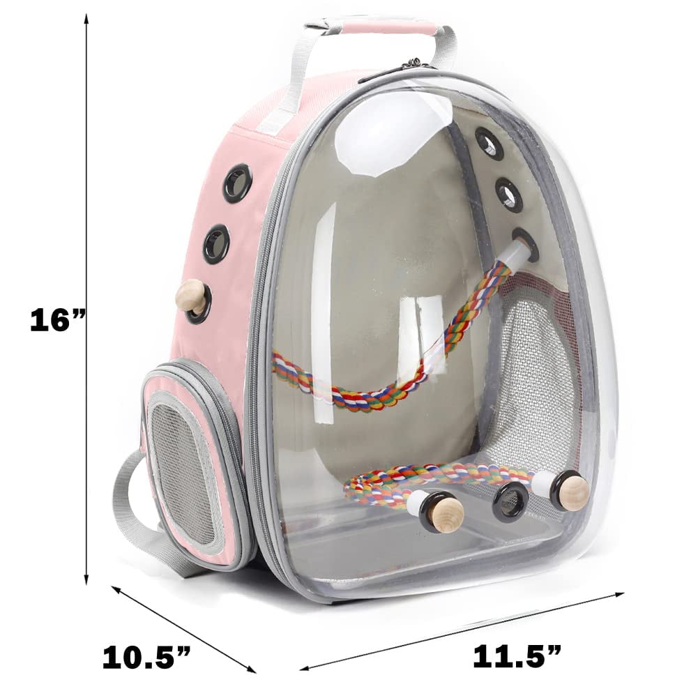 Bird Traval Carrier Cage, Clear Space Capsule Astronaut Backpack to Carry Parakeet Cockatiel Parrot with Metal Tray bird feeder and Wood Perch, Vet Transport Bag