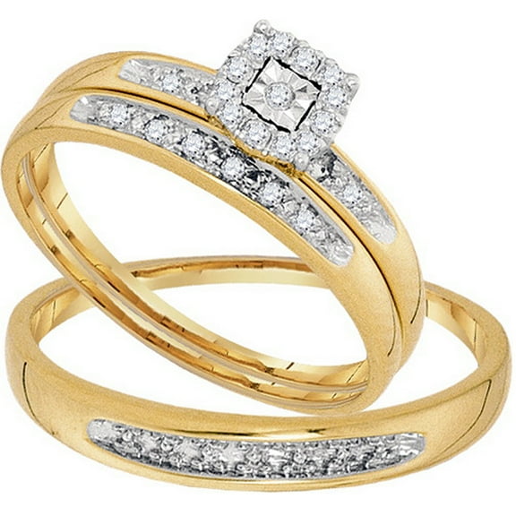 0.08 Carat (ctw) 10K Yellow Gold Round White Diamond Men & Women's Cluster Engagement Ring Trio Bridal Set