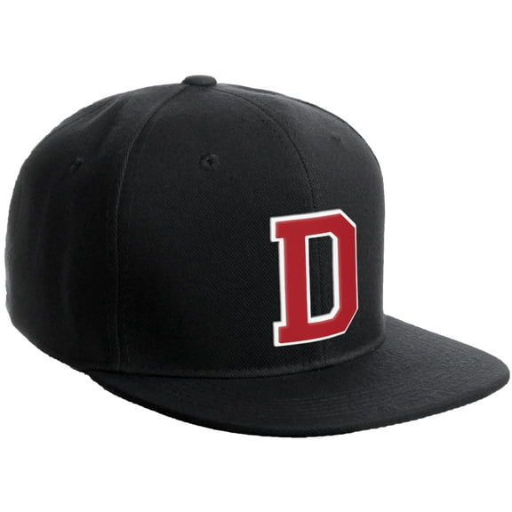 Daxton Classic Snapback Hat Custom A to Z Initial Varsity Letters, Black Black Hat White Red Letter D