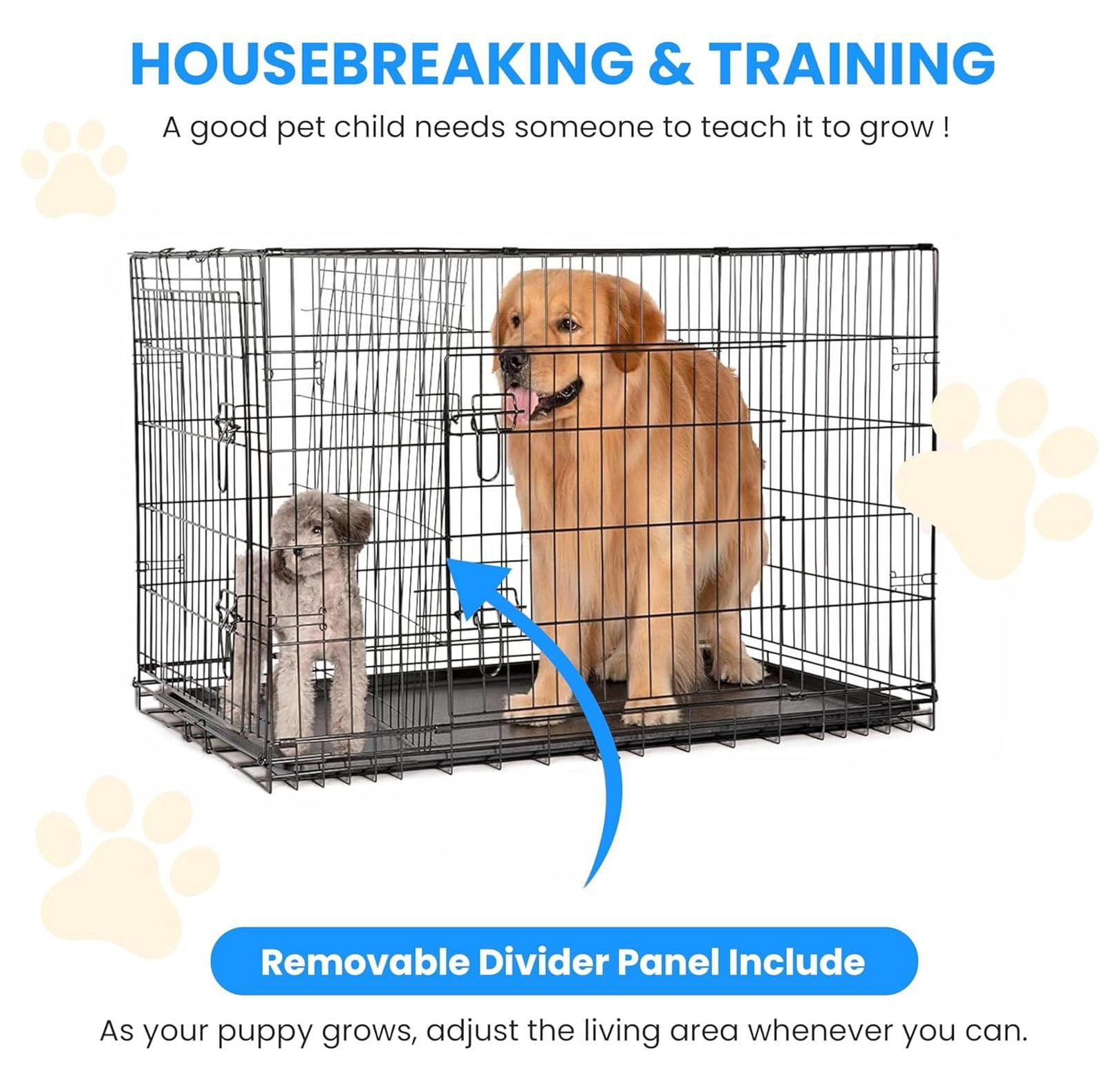 36-Inch Medium Dog Crate with Divider, Double Door Folding Metal Wire Cage with Leak-Proof Plastic Tray, Portable Pet Kennel for Indoor, Outdoor, and Travel