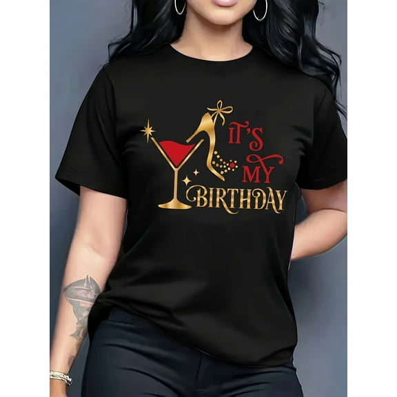 For Spring & Summer, Casual Short Sleeve Birthday Letter Print Crew Neck T-Shirt, Women's Clothing
