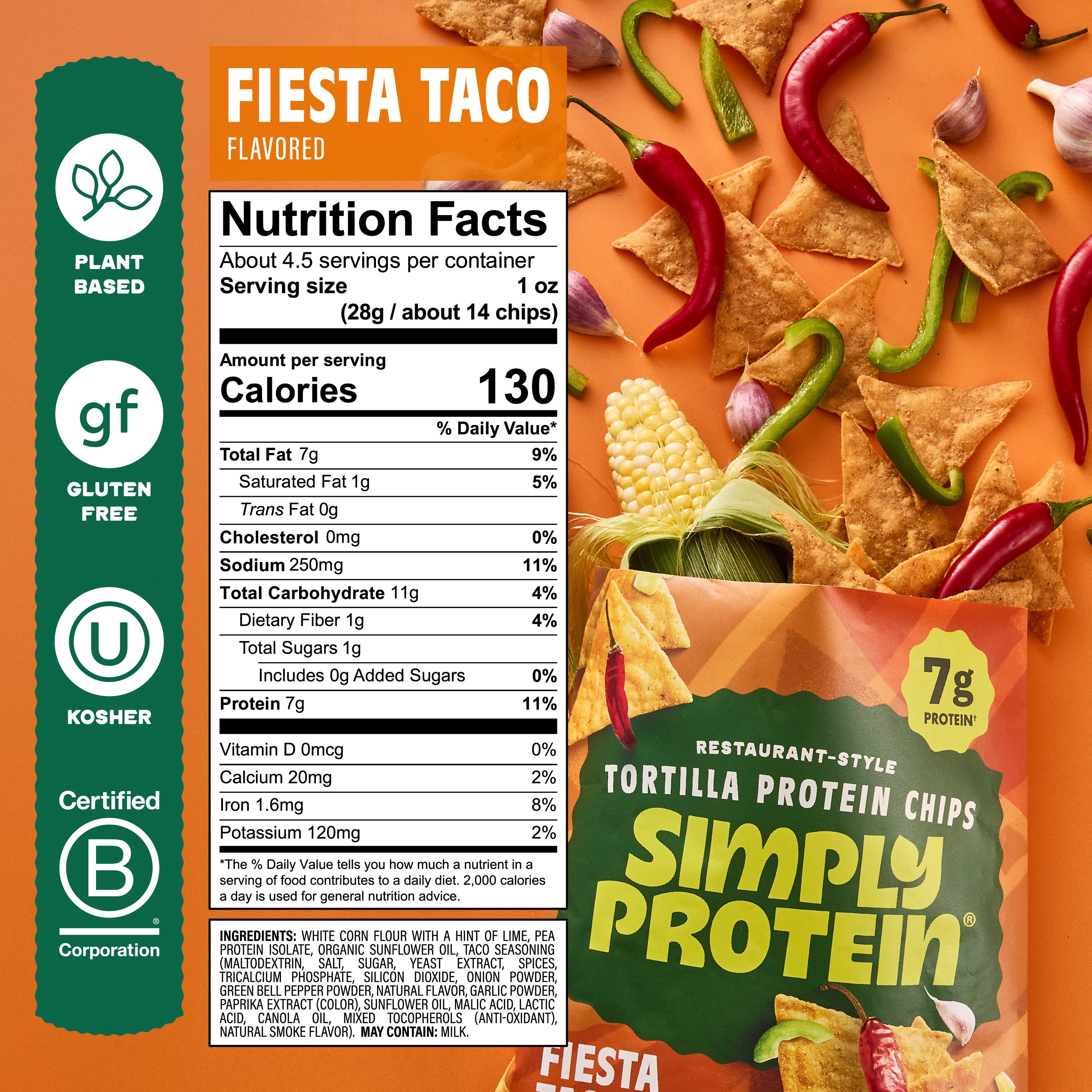 (3 pack) SimplyProtein® Restaurant Style Tortilla Chips Fiesta Taco, 7g Protein, Gluten Free, 1 Pack, 4.58 oz