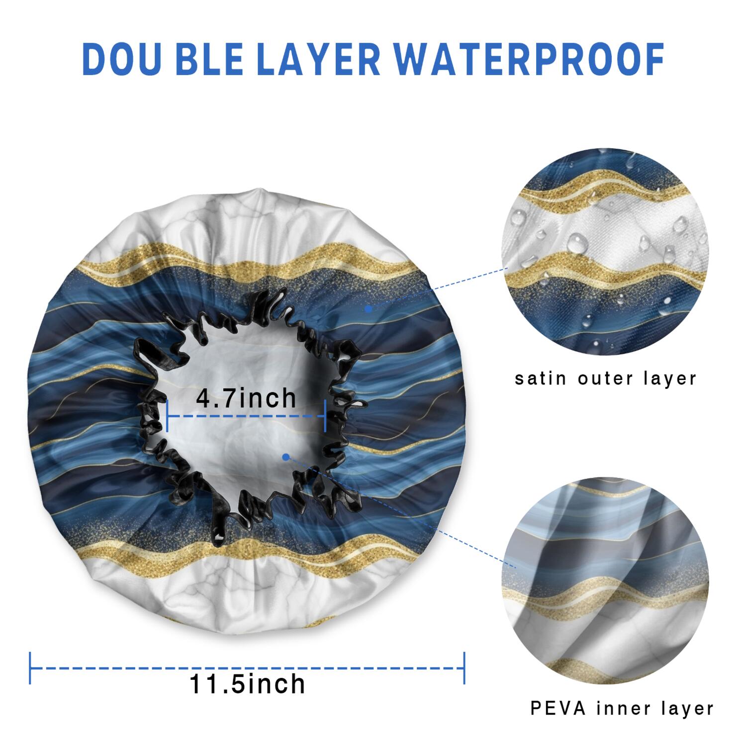 Shower Caps,Blue Gold Wave Marble Pattern Waterproof Shower Cap for Women 4 Pieces,Double Reusable Hair Cover for Shower PEVA Elastic Stretch Hem