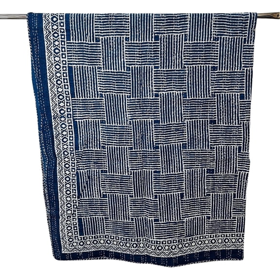 Traditional Indigo Print Cotton Kanhta Quilt Handblock Vintage Queen Kantha Throw Banket Bedspread
