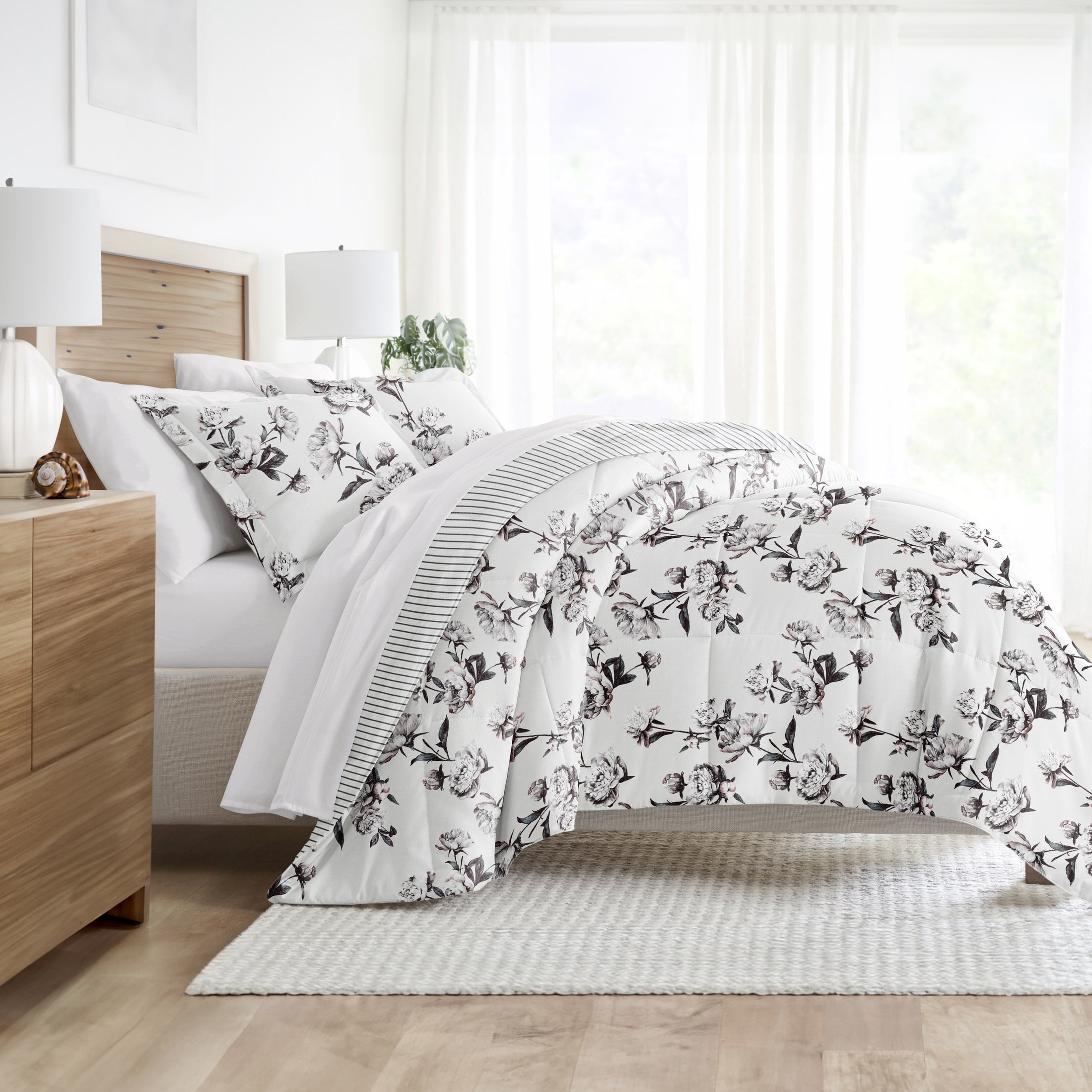 Noble Linens Down Alternative Vintage Magnolia Stripe Gray Reversible Comforter Set