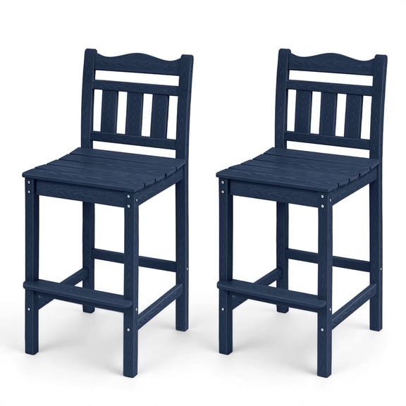 Outdoor Bar Stools Set of 2, HDPE Adirondack Bar Height Chairs with Backrest, 27.5" Seat Height, All-Weather Patio Bar Chairs for Balcony, Deck, Poolside, Bistro & Backyard (Navy Blue)