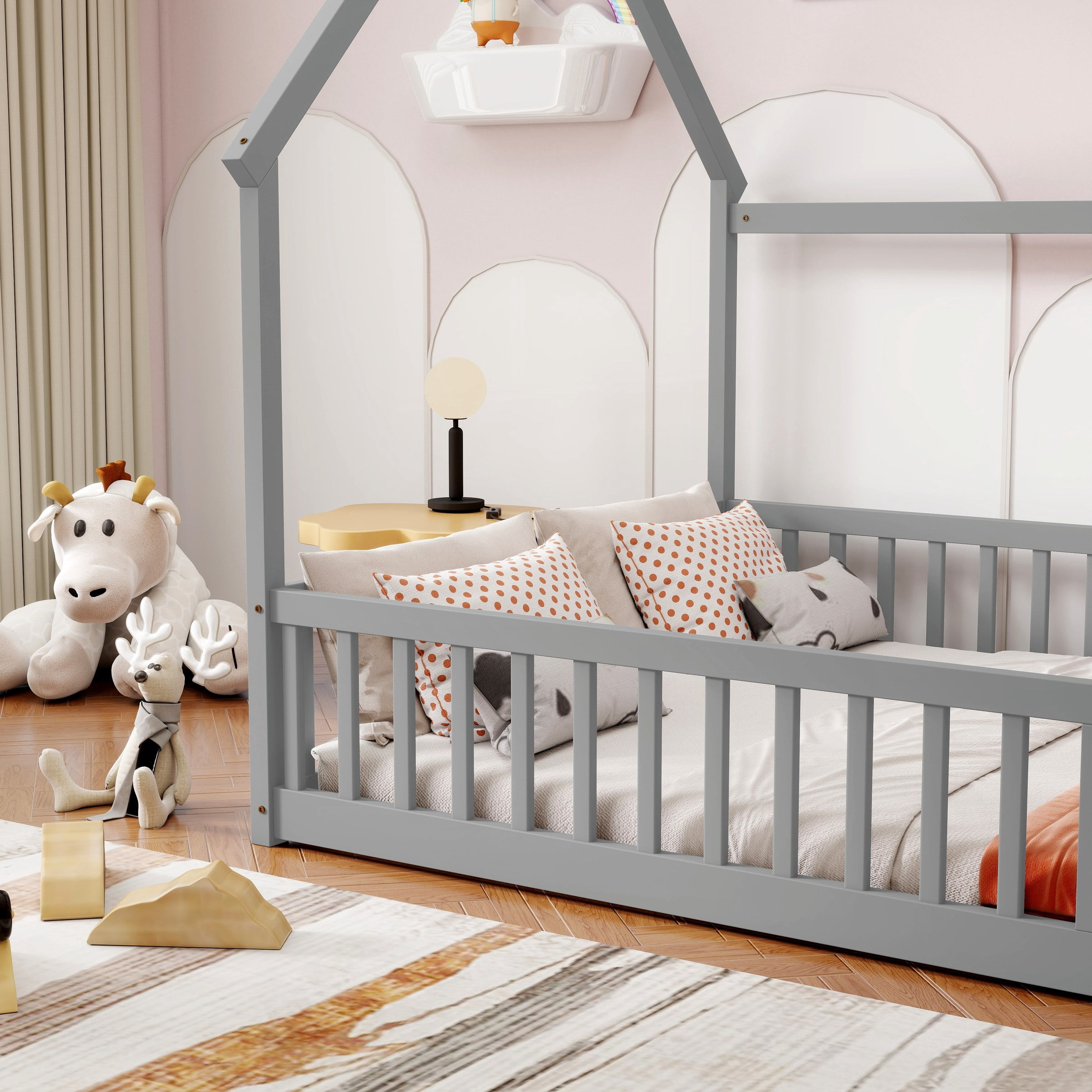 Full Size House Floor Bed with Roof Frame, Pine Wood Floor Bed with Safety Guardrails, Grey