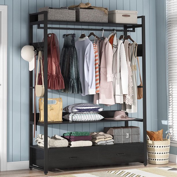 UWRNite Freestanding Clothes Rack Shelves, Closet Organizer with Shelves Drawers and Hooks