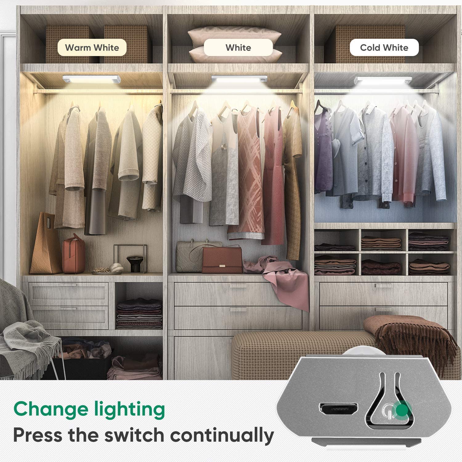EIMELI Wireless Wardrobe Motion Sensor Lights - USB Rechargeable Battery Powered Automatic Under Cabinet LED Night Light, 60 LED Cupboard Lights with 3 Mode Lighting Warm White, Cold White and White