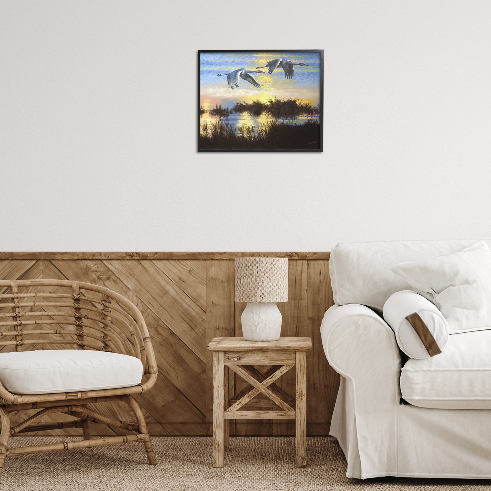 Stupell Industries Two Cranes Over Lake Landscape Painting Black Framed Art Print Wall Art, 20 x 16
