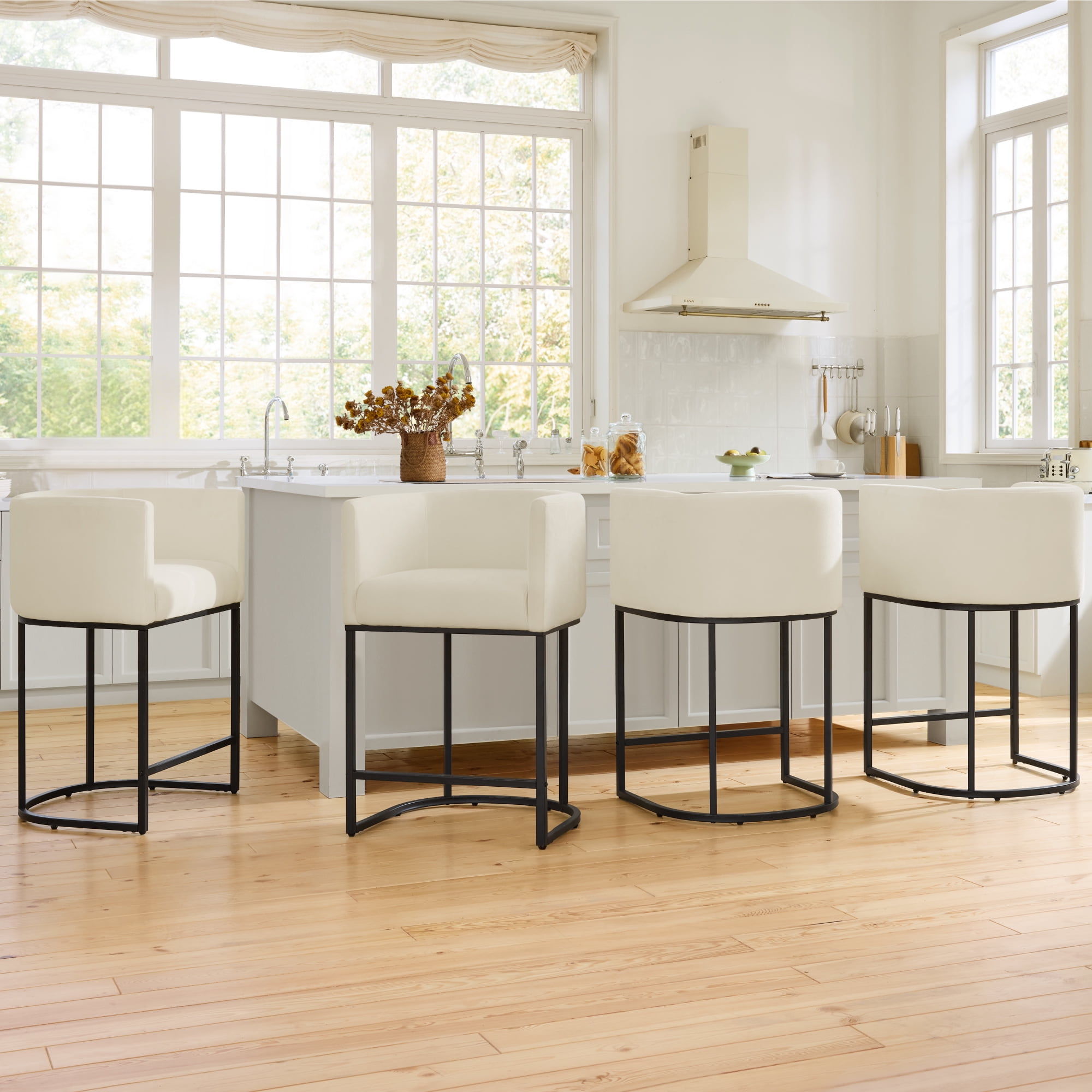 Spruce & Spring Modern Barrel-Back Upholstered Counter Stool with Wide Seat for Kitchen Island or Home Bar Set of 2, Ivory