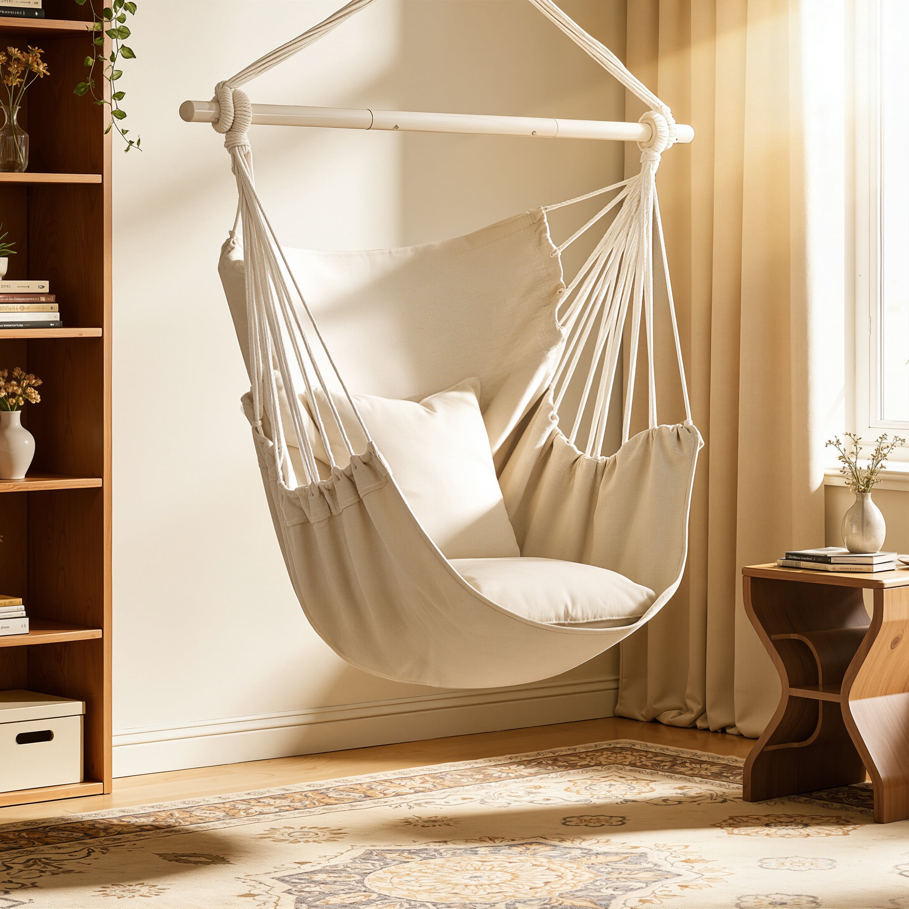 Large Hammock Chair Swing, Relax Hanging Rope Swing Chair with Detachable Metal Support Bar & Two Seat Cushions, Cotton Hammock Chair Swing Seat for Yard Bedroom Patio Porch Indoor Outdoor