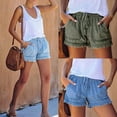 thumbnail image 2 of Women’s Washed Blue Denim Shorts Casual Drawstring Elastic Waist Frayed Hem Loose Short Jeans, 2 of 7