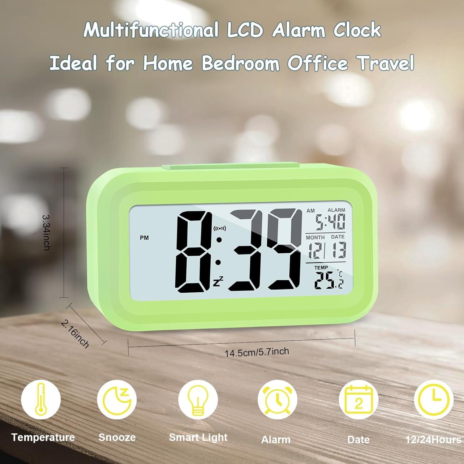 Digital Alarm Clock 4.3 Inch LED Display Battery Powered with Temperature Calendar Snooze Light Control Adjustable Brightness Portable Bedside Clock Green