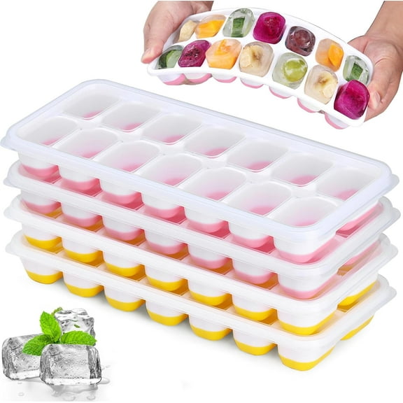 Silicone Ice Cube Tray, 4 Pack Easy-Release & Flexible 14-Ice Cube Trays with Spill-Resistant Removable Lid, Stackable Ice Trays with Covers for Freezer, Cocktail (2 Yellow 2 Pink)