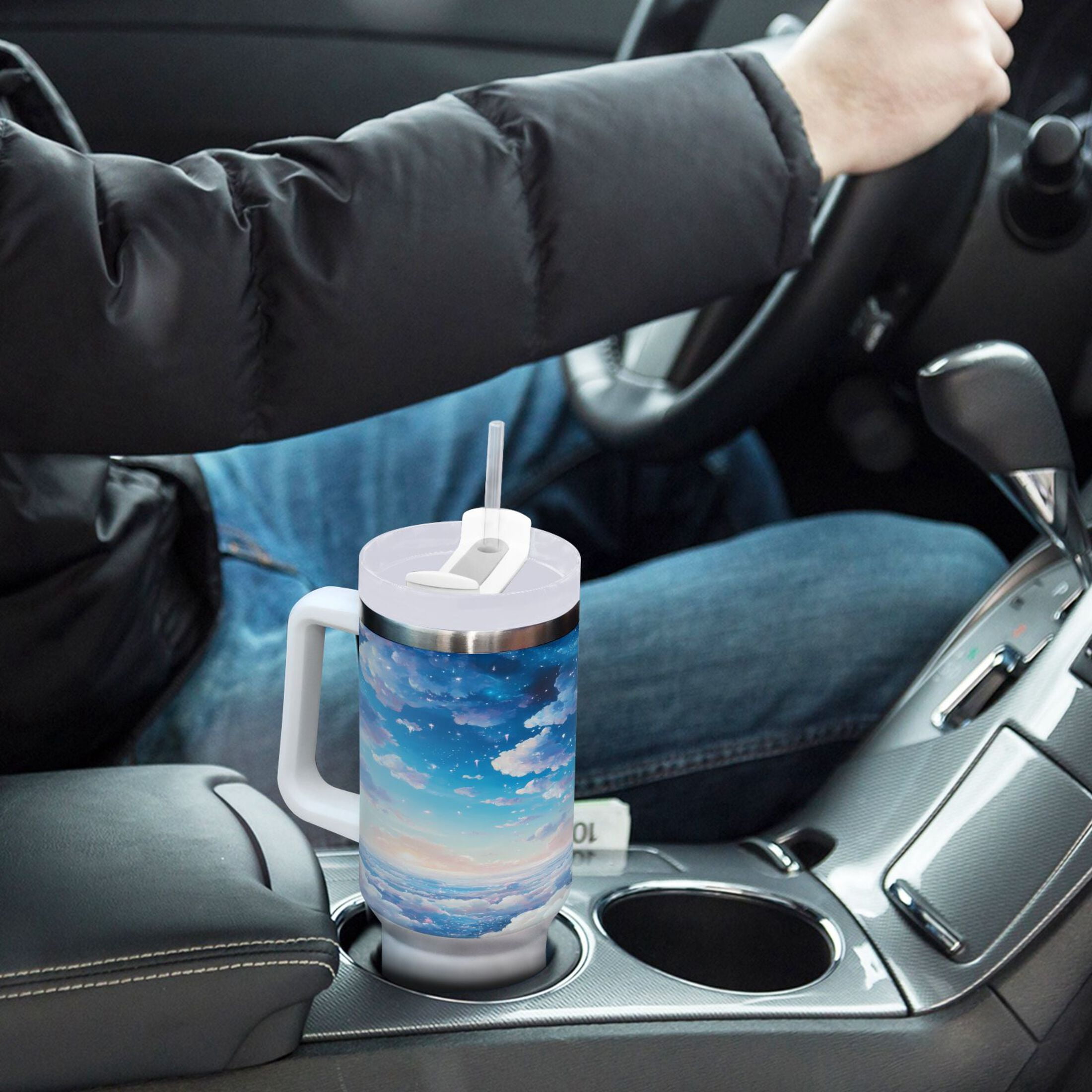 40 oz Tumbler with Handle and Straw Lid Cute Blue Mouse in Sky Insulated Vacuum Water Bottle Stainless Steel Travel Cup