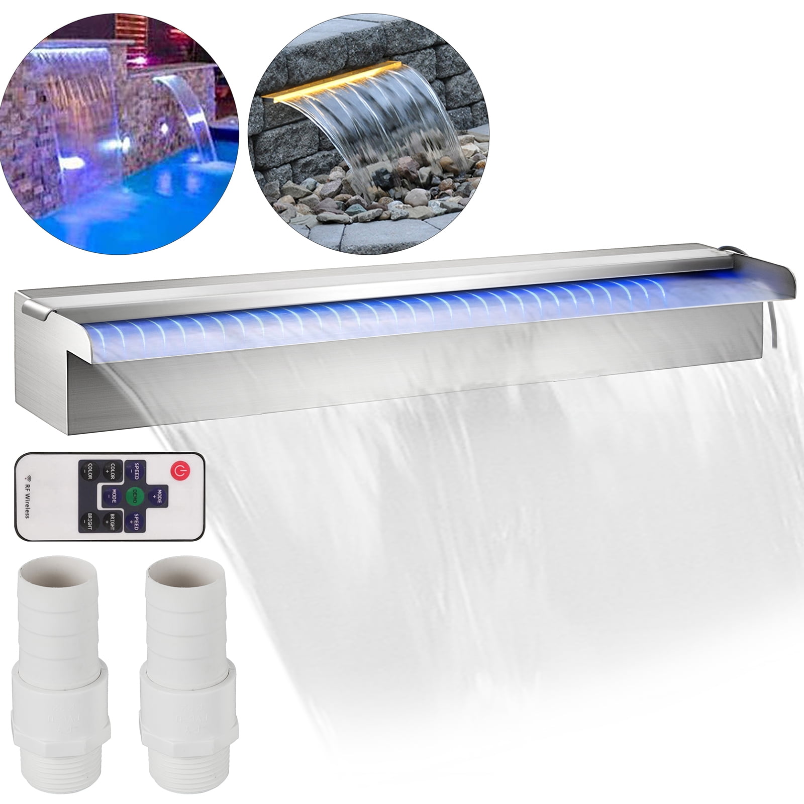 with LED Strip Light Waterfall Spillway with Pipe Connector Rectangular Garden Outdoor VEVOR Pool Fountain Stainless Steel Pool Waterfall 11.8 x 4.5 x 3.1 W x D x H 