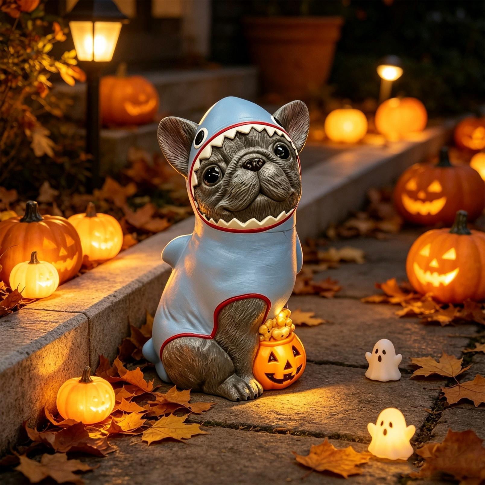 Halloween French Bulldog Statue, Resin Shark Costume Dog Figurine with Light Up Pumpkin Candy Bowl, Holiday Tabletop Porch Indoor Outdoor Decor, 7.87in
