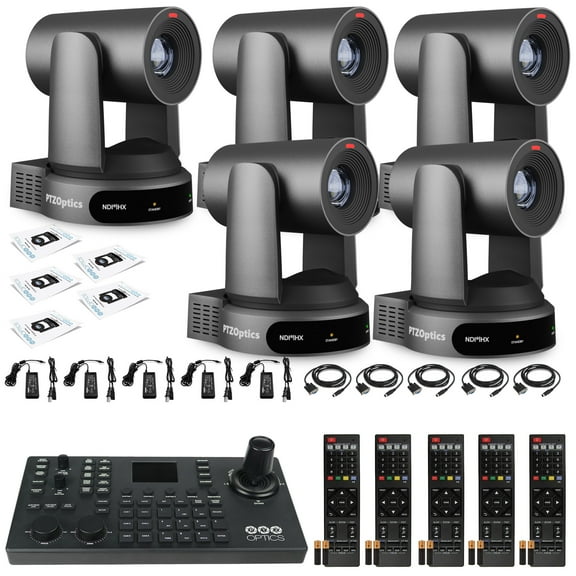 5 x PTZOptics Move 4K SDI/HDMI/USB/IP PTZ Camera with 30x Optical Zoom (Gray) (PT30X-4K-GY-G3)   PTZOptics SuperJoy PTZ Camera Joystick Controller