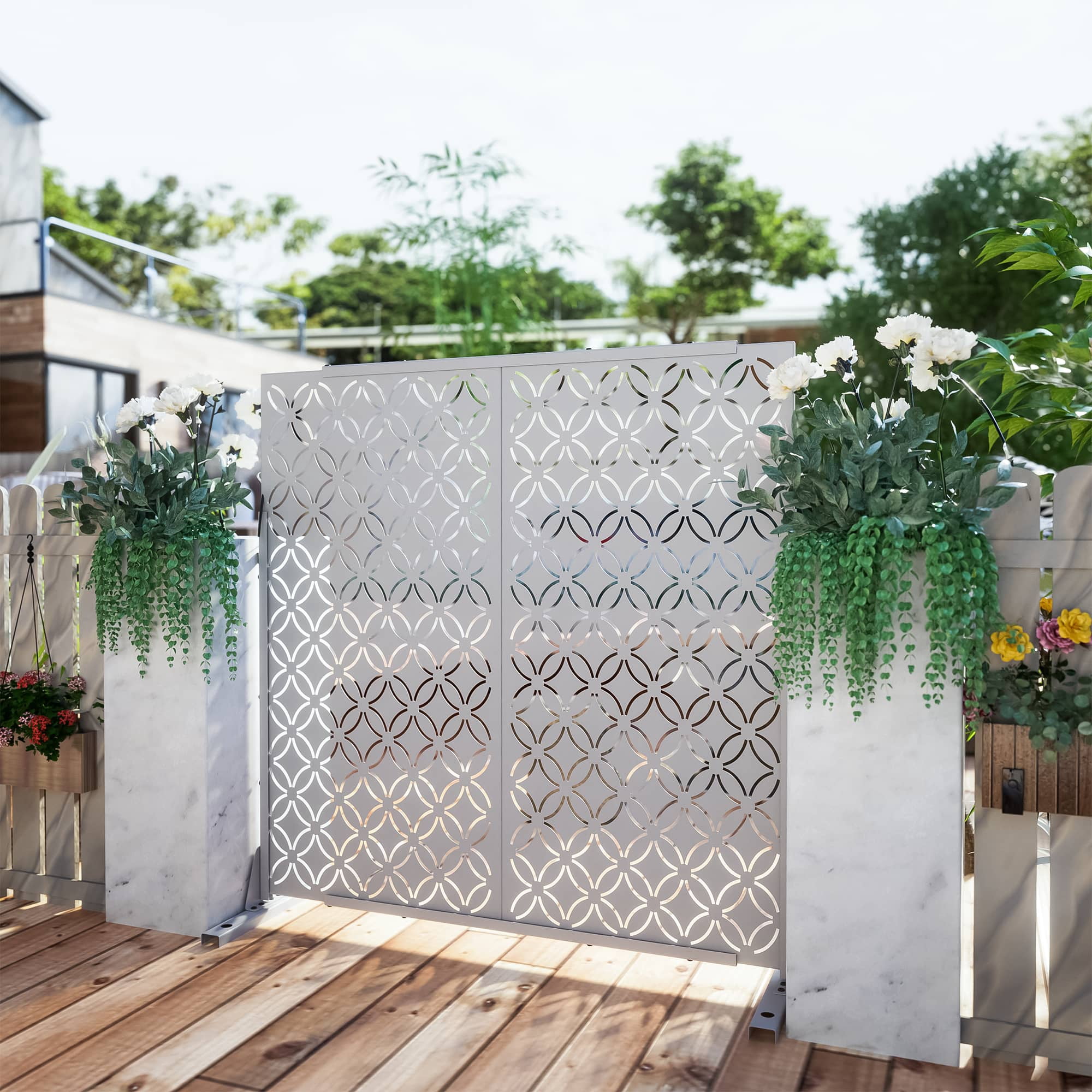 MAYEERTY 72" × 47" Outdoor Privacy Screen, 3 Panels Metal Decorative Screen, White