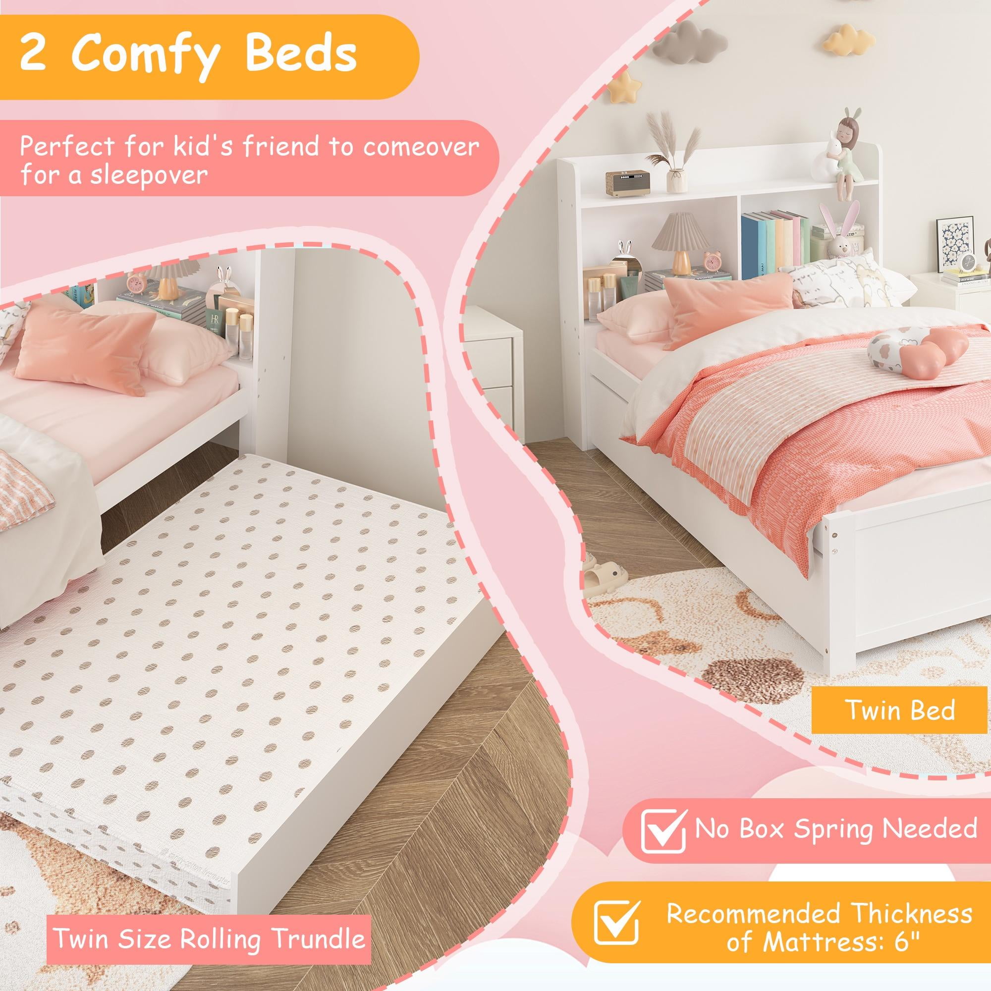 HSUNNS Twin Bed Frame with Trundle and Storage Bookcase, Modern Platform Twin Bed Frame for Girls and Boys, Solid Wood Trundle Bed with Headboard and Footboard, No Box Spring Needed, White