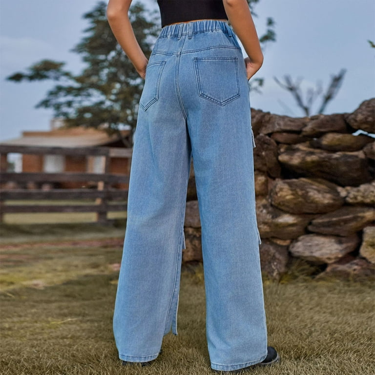 TMOYZQ Denim Cargo Pants for Women, High Waisted Wide Leg TMOYZQ Denim Cargo Pants for Women, High Waisted Wide Leg