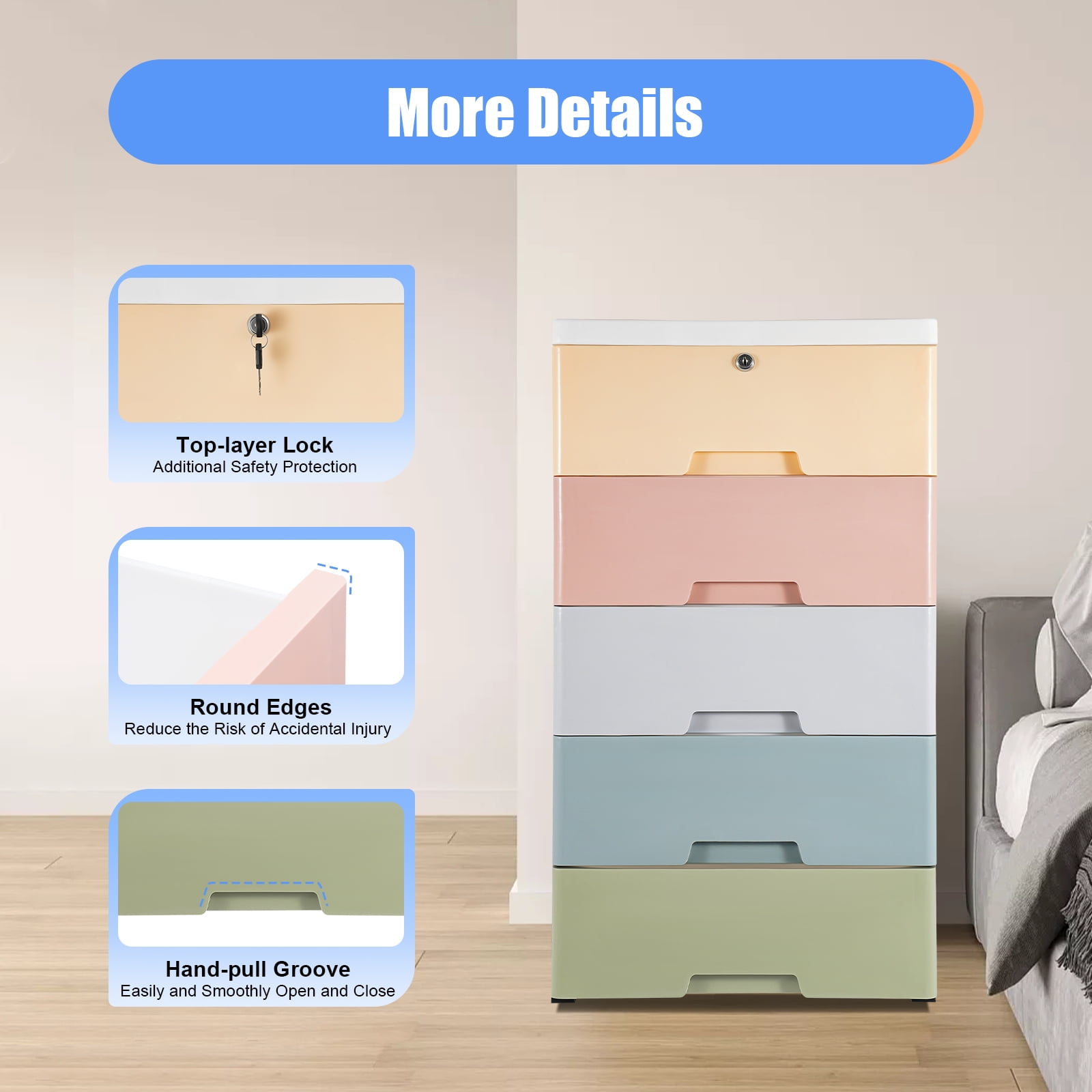 5 Tier Plastic Drawers Dresser Storage Tower w/5 Drawers, Stackable Storage Organizer Cabinet w/Wheels Storage Bin,Mobile Storage Closet Large Containers Organizer Unit