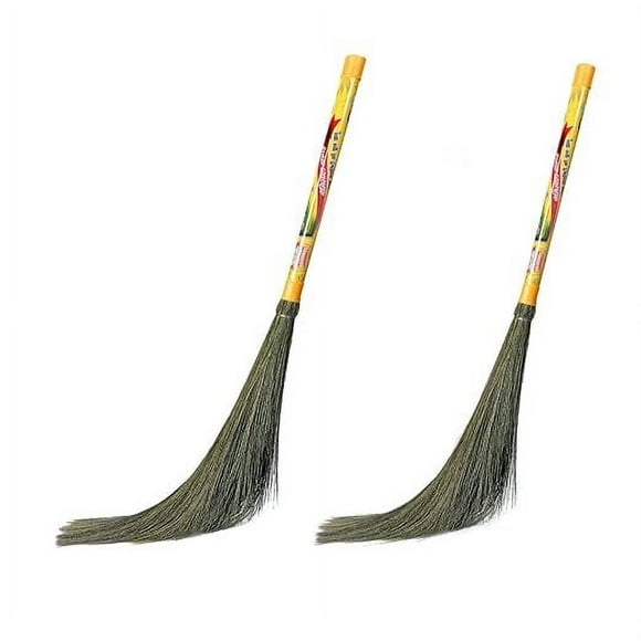 Hari Ram Gulab Rai Clean Sweep Floor Broom | Natural Soft - No Dust Grass, Pack Of 2 | Plastic Handle, Phool Jhadu For Home, Pantry, Office Indoor & Outdoor Cleaning - 48 inch | Flagged Bristle Jadoo