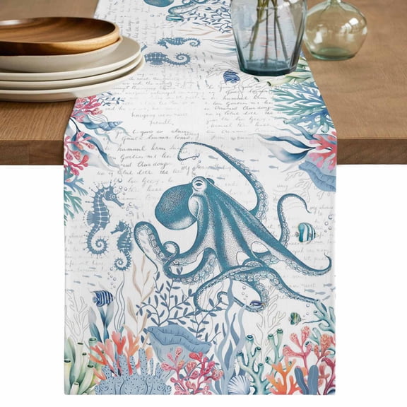 Table Runner 72 Inches Long for Kitchen Dining, Coastal Octopus Dresser Scarf Farmhouse, Dining Table Decorations for Wedding/Parties, Summer Beach Nautical Ocean Coral Seahorse 14 x 72 In