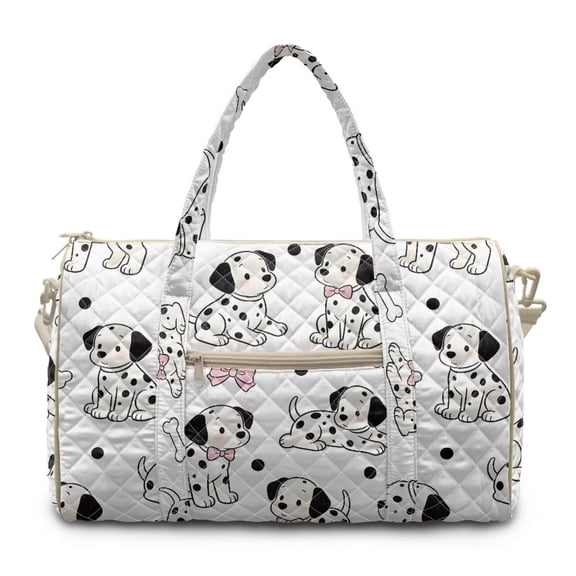 Garronmavis Cute Dalmatian Print Large Quilted Duffle Bag for Women, Travel Weekender Bag Overnight Gym Dance Bag with Pockets, Carry On Tote with Luggage Sleeve