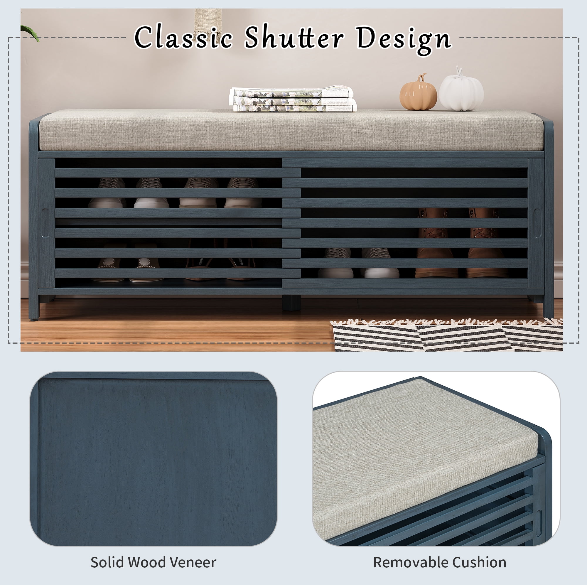 MAYEERTY Shoe Bench with Storage and Cushion, Distressed Shutter Storage Bench with Retro Charm for Living Room, Entryway, Navy