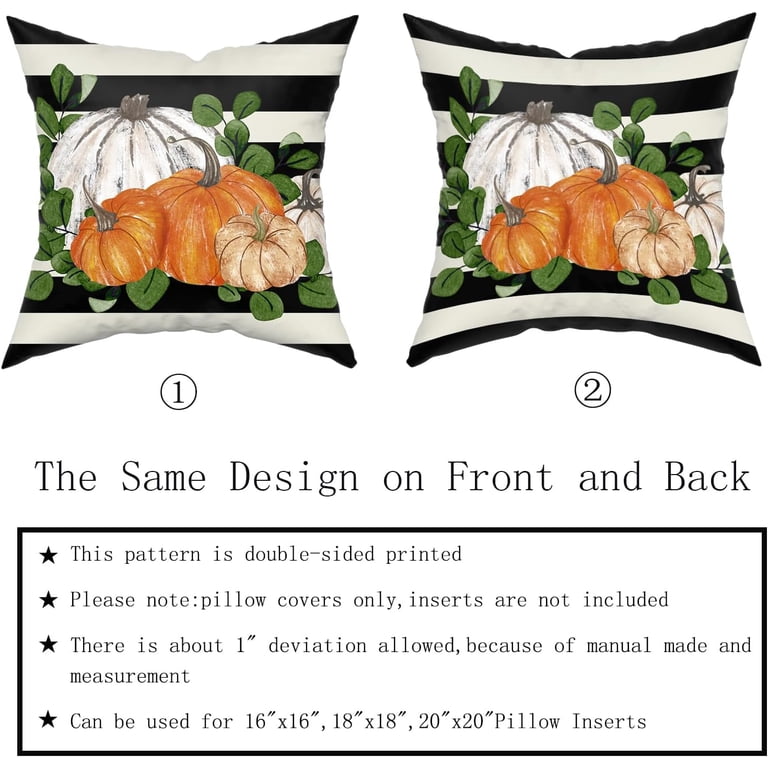 Fall Pumpkin Throw Pillow Covers, Set Of 2, 20x20 Inch - Orange Pumpkins & Eucalyptus Leaves 6 thumbnail image
