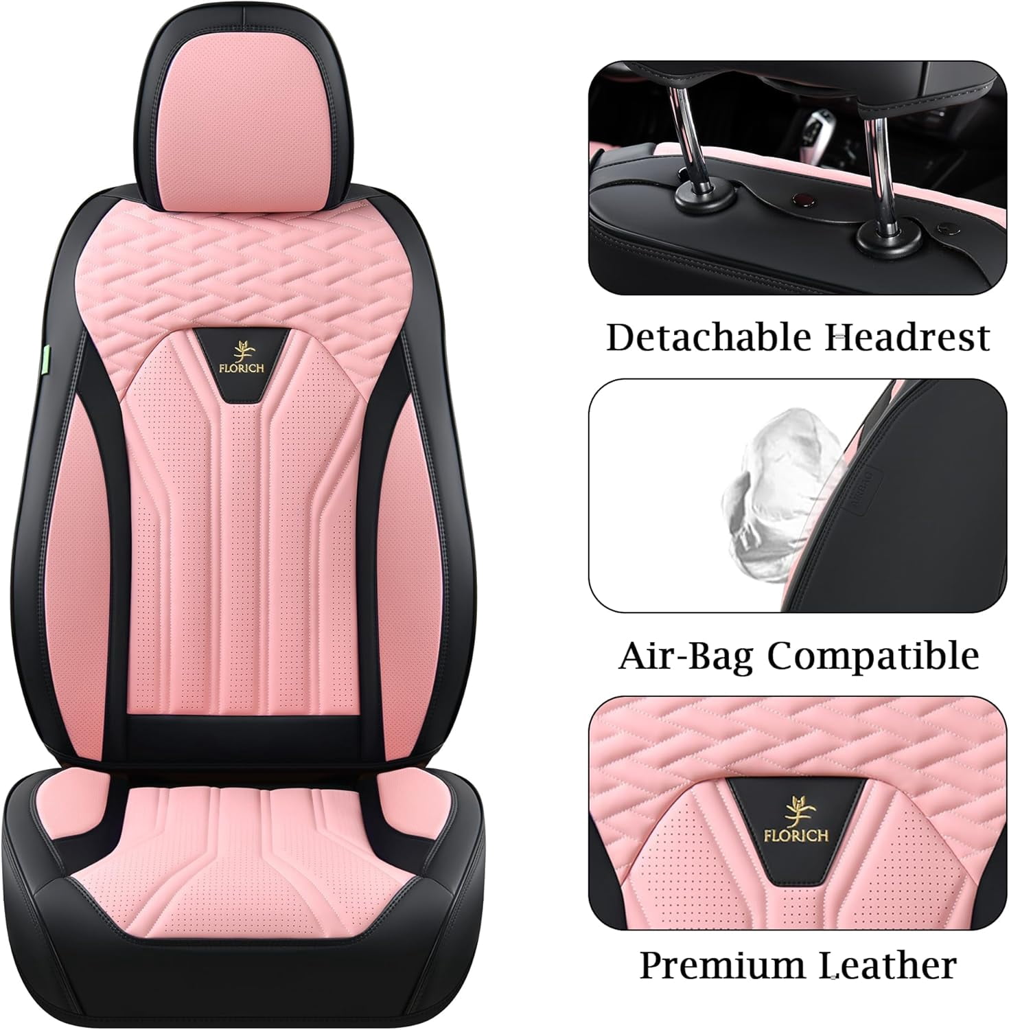 FLORICH Universal Leather Car Seat Cover Full Set, Pink Seat Covers for Cars 5 Seats, Waterproof Front and Rear Automotive Seat Cover Fit for Most Sedans SUV Pick-up Truck, Black & Pink